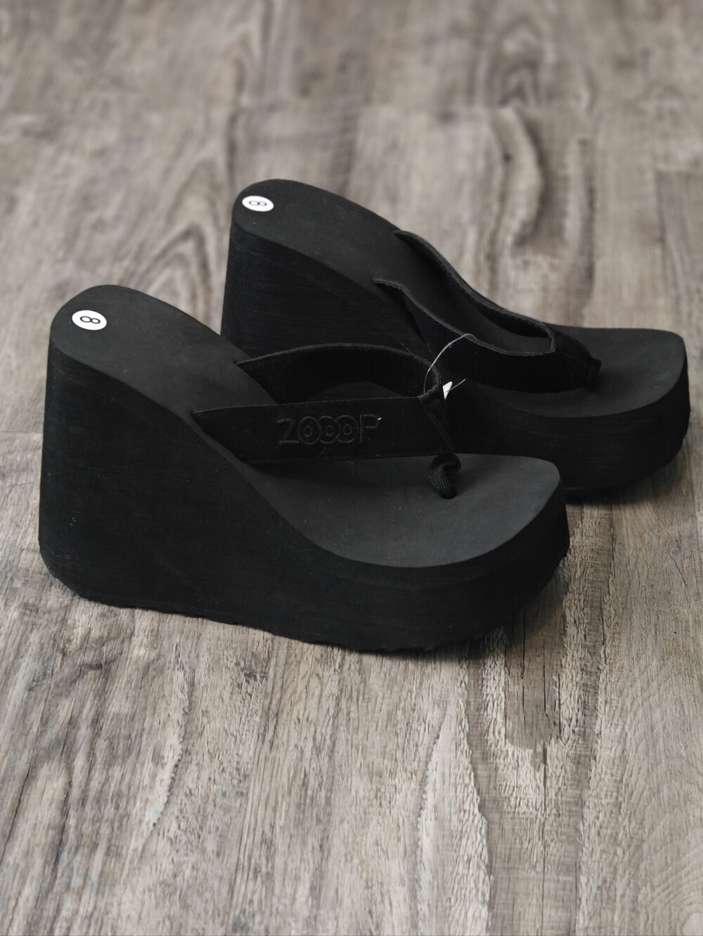 Black Wedge Thong Sandals with Elevated Platform - ZOOOP